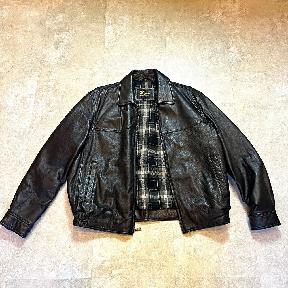 Reed Men’s Black Leather Bomber Jacket Lined Jacket Size L